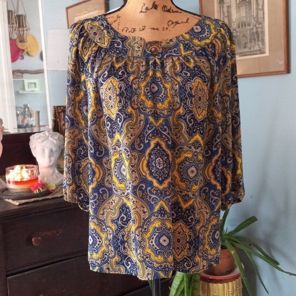 Ann Taylor Navy Mustard Yellow Paisley Boho Blouse Petite Small - Picture 13 of 13